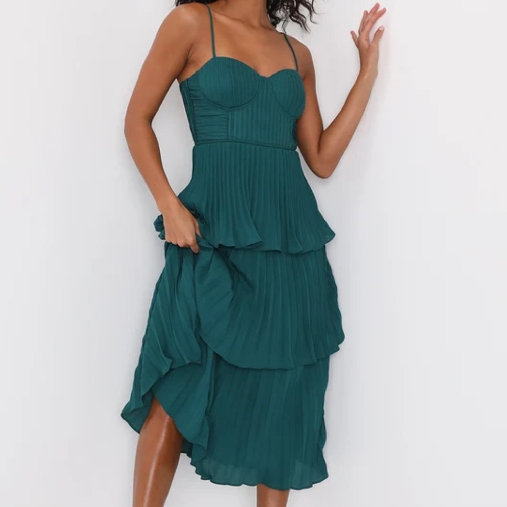 Lulu’s Cascading Crush Emerald Tiered Bustier Midi Dress Size Small Emerald